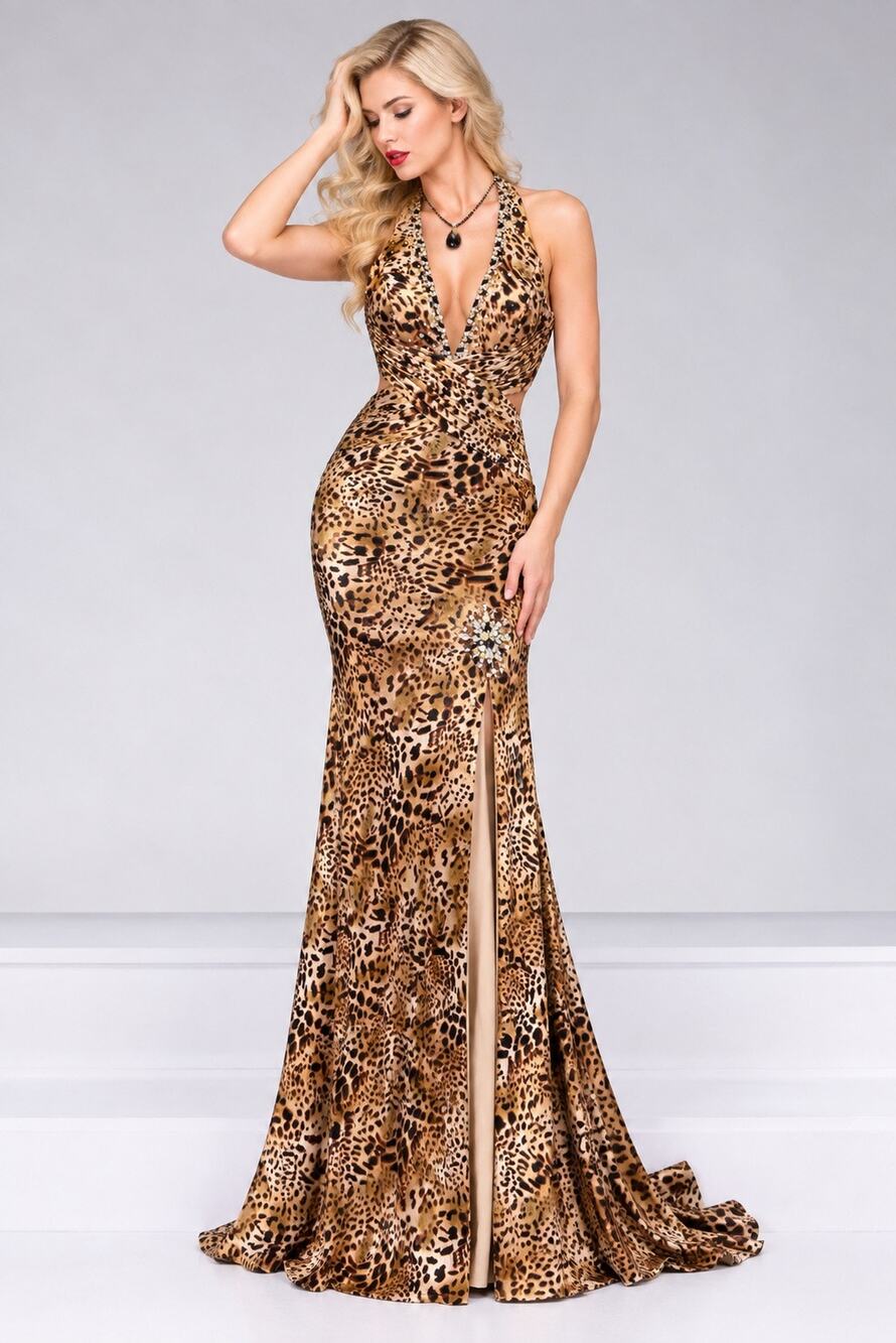 Vintage Y2K Morilee Leopard Print Halter Prom Dress Gown S MSRP $450